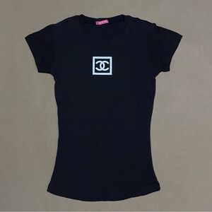 Y2K black baby tee with Chanel double B sporty logo printed on chest